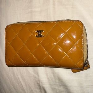 Authentic Chanel patent quilted small zip around Camel (mustard) wallet